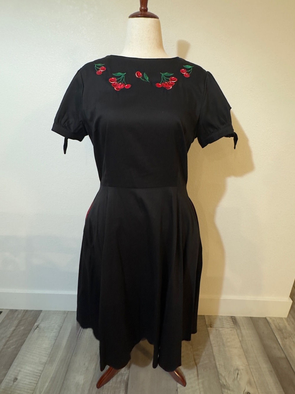 Collectif Black Midi Dress with Red Cherry Embroidery